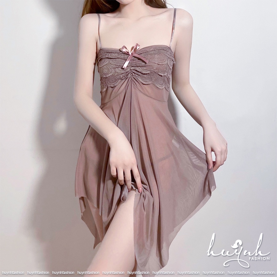 Váy ngủ sexy hai dây (dưới 1m6) đầm ngủ ren ngực gợi cảm - N08A