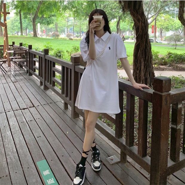💃Đầm Polo Nữ Dáng Suông Tay Bồng Logo Ngực Cộc Tay 2 Màu
