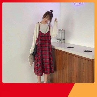 Thời Trang Tuổi Teen - SET VÁY YẾM KẺ ĐỎ + ÁO THUN TRẮNG DÀI TAY ULZZANG - (Sp sẵn)