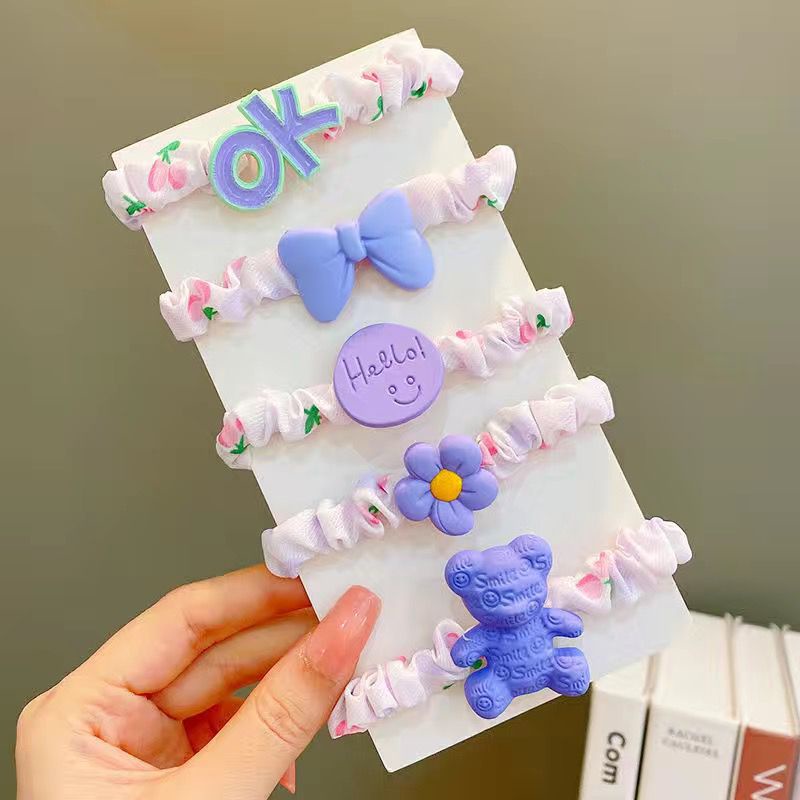 Set 5 Dây Buộc Tóc Cao Su Co Giãn Họa Tiết Hoạt Hình Đáng Yêu Cho Bé Gái