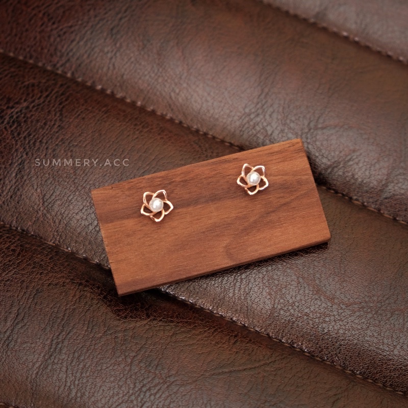 Khuyên tai bạc 925 SUMMERY hoa đính ngọc bông tai S925 mạ vàng hồng