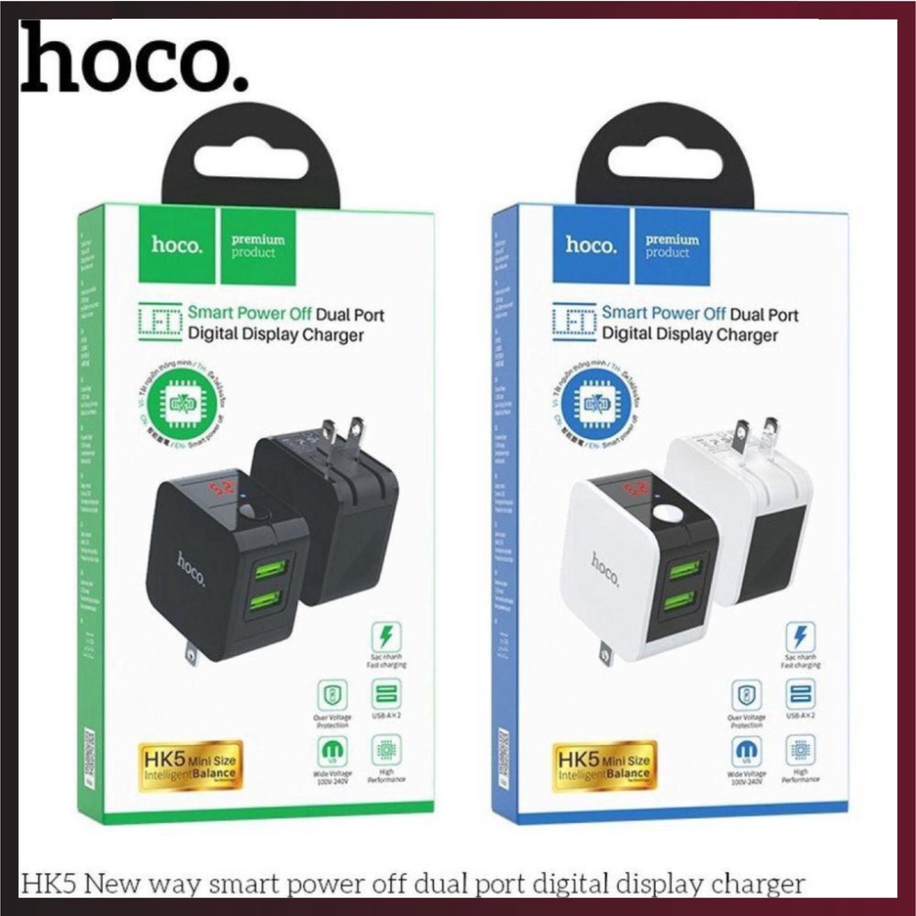 Cục sạc nhanh, cốc sạc nhanh chính hãng HOCO HK5 Tự Ngắt Thông Minh khi đầy pin, 2 Cổng USB 2.4A bảo vệ pin khi quá dòng