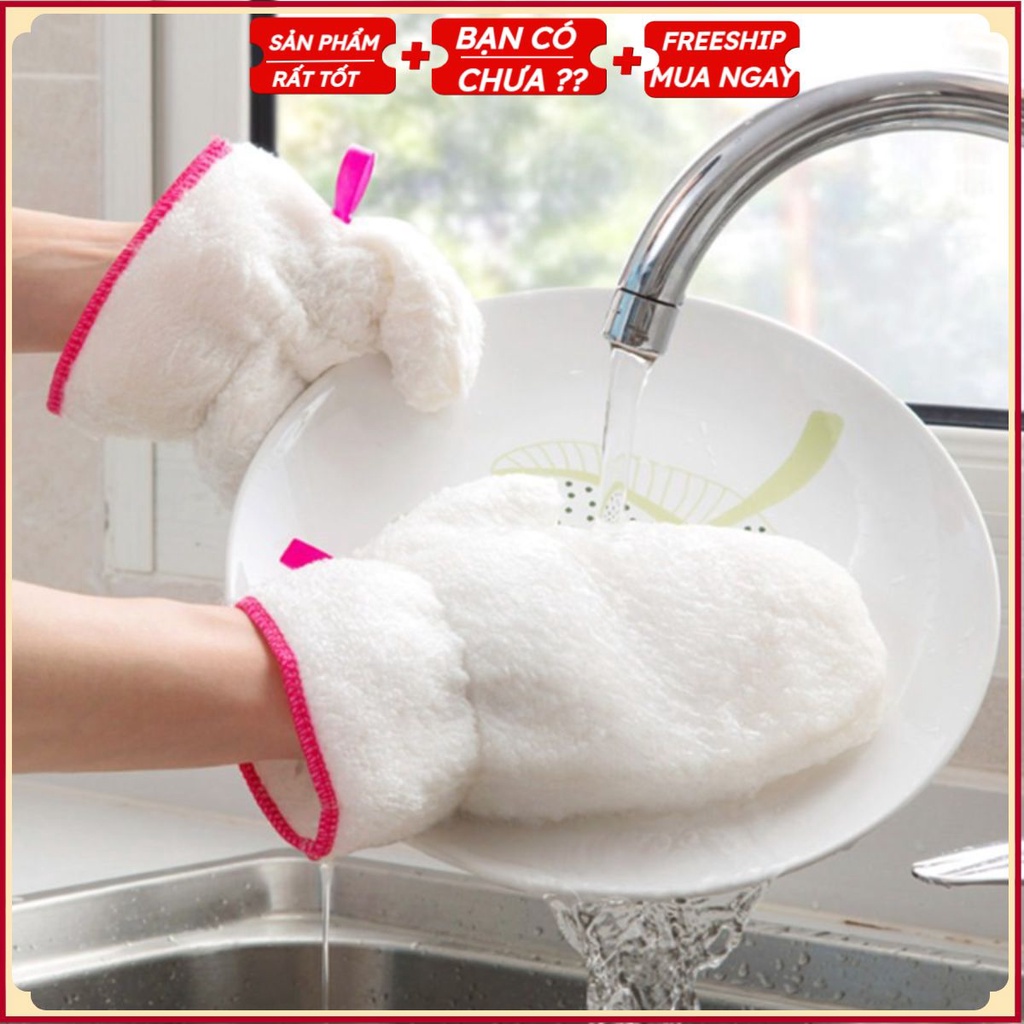 (1 đôi) Găng tay rửa bát chén sợi tre chống thấm nước, Bao tay rửa bát sợi tre lót cao su hai lớp tạo bọt