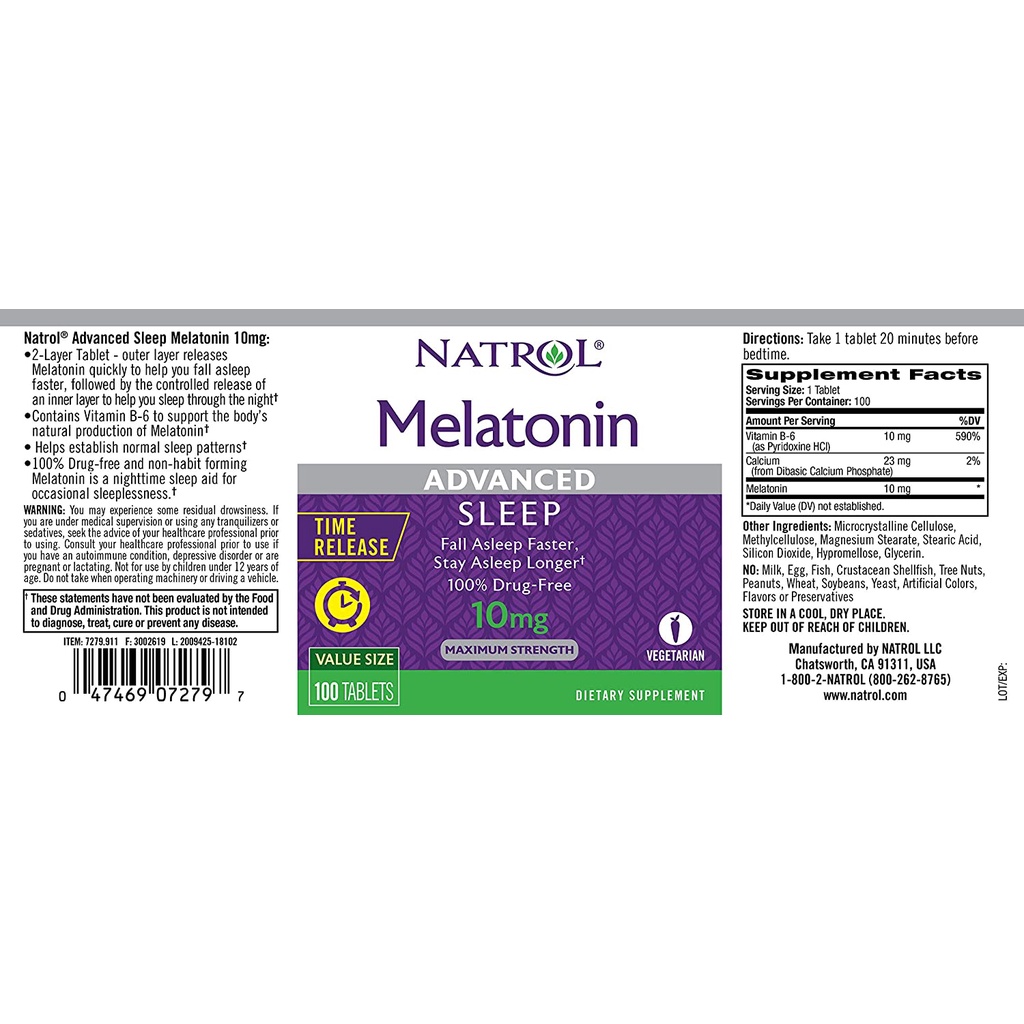 [DATE 06/2024] NATROL MELATONIN 10MG ADVANCED SLEEP 100 TABLETS (100 VIÊN)