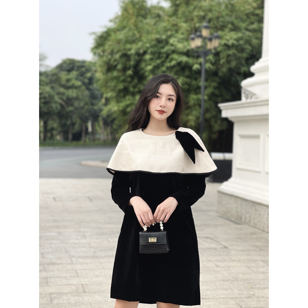 Váy Nhung Suông, Váy Dáng A Phối Cổ Yếm Cách Điệu Dài Tay, Kiểu Dáng Trẻ Trung Dễ Mặc