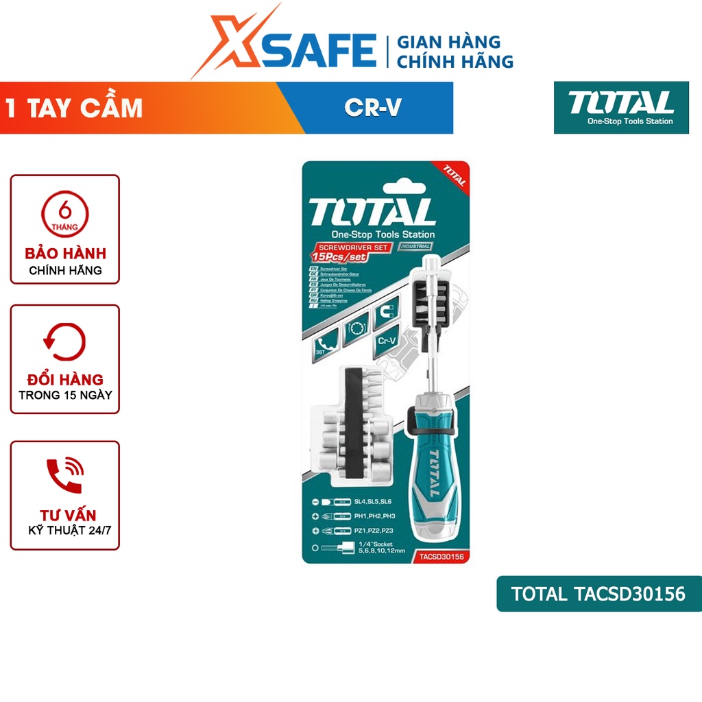 Bộ tua vít 15 đầu TOTAL TACSD30156 nhỏ gọn, đa năng, chất liệu CR-V chịu được lực cao, 2 chiều tự động - chính hãng