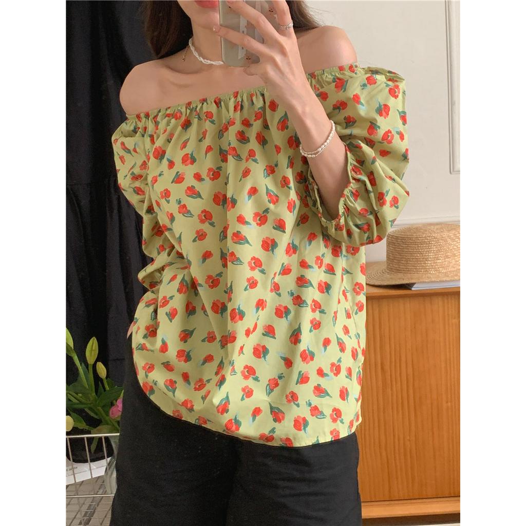 Áo Trễ Vai Tay Ngắn In Hoa Phong Cách Hàn Quốc Dễ Thương 52116