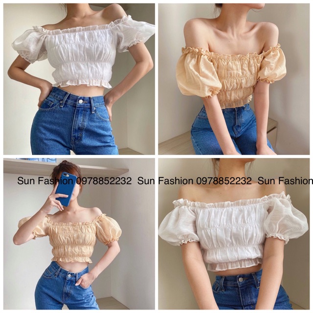 Áo trễ vai, croptop bẹt vai nhún thun có ánh nhủ siêu đẹp Sun Fashion