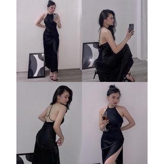 [ New ] Váy Lụa Cổ Yếm Xẻ Tà Hở Lưng Dáng Dài BABICHE