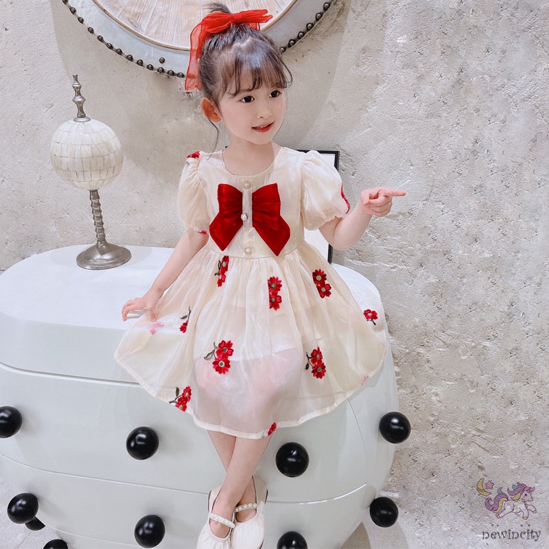 Đầm Công Chúa Tay Phồng Ngắn Phối Lưới Thắt Nơ Phong Cách Hàn Quốc Cho Bé Gái