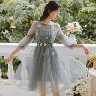 Đầm Ulzzang tiểu thư đính hoa bướm  (Hàng có sẳn)