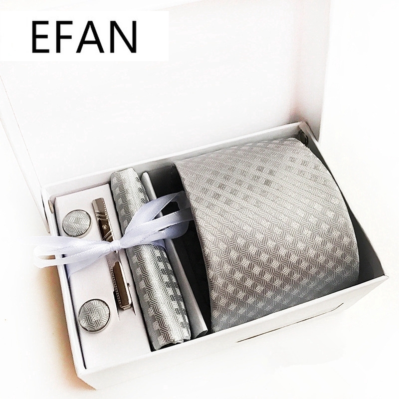 Bộ Cà Vạt + Khăn Tay + Khuy Măng Sét Bằng Bạc Sang Trọng Lịch Lãm Cho Nam