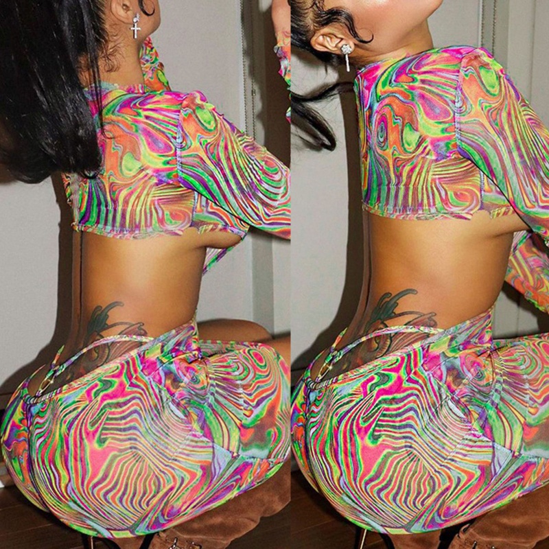 Brroa Đầm Mini Ôm Dáng Tay Dài Khoét Lỗ Hở Lưng In Sọc Cầu Vồng Gợi Cảm Cho Nữ Dự Tiệc Clu