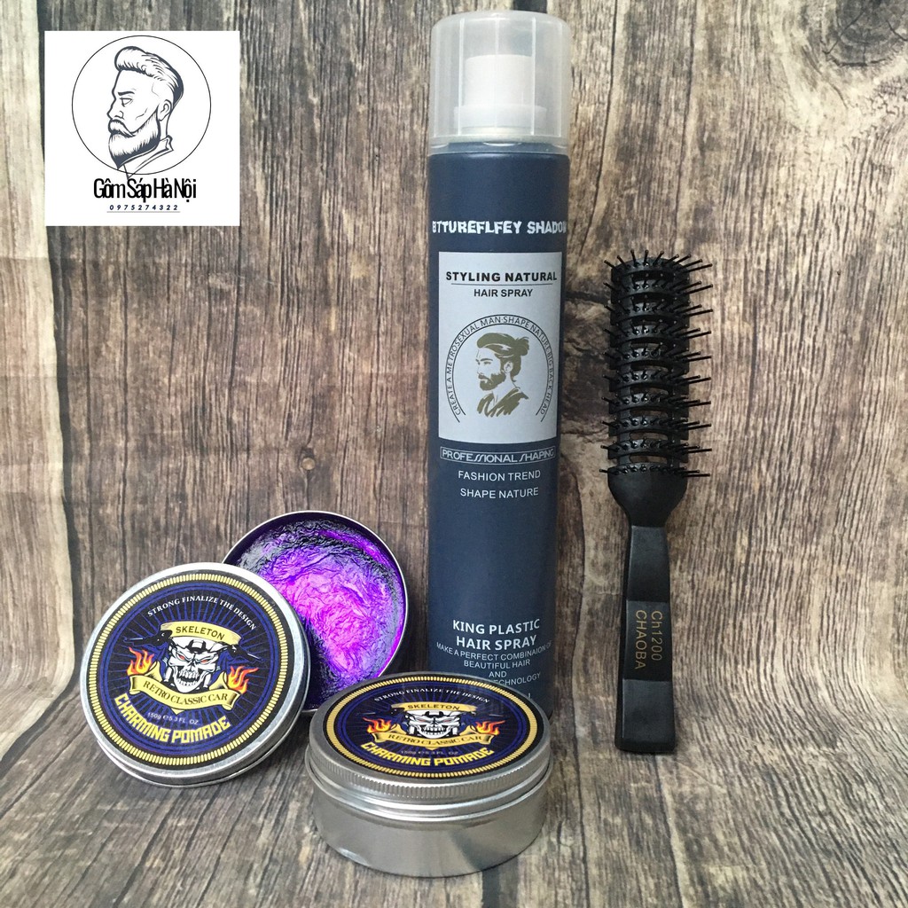 COMBO  Gôm Xit Tọc Gôm Xịt Tóc Butterfly Shadow black  + Sáp Vuốt Tóc Pomade Hương Hoa Quả + Lược