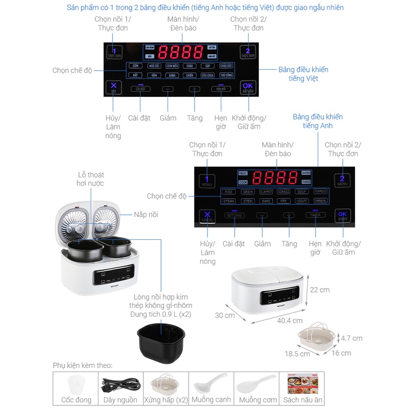 [Mã ELHADEV giảm 4% đơn 300K] Nồi cơm điện tử đa năng Sharp 2 ngăn nấu 4 món/lần, điều khiển cảm ứng 1.8 Lít - HAPOS