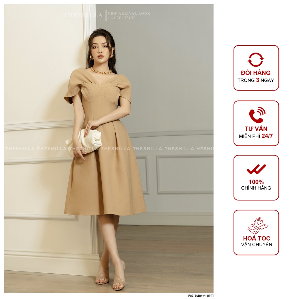 Váy thiết kế cao cấp màu  kem tay cánh dơi chiết eo form xòe  [ Có video + Ảnh thật ] The Shilla - F03-50B9