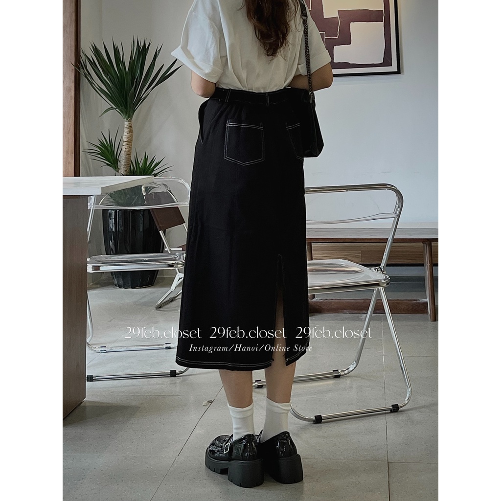 [Ảnh thật/Video] Chân váy kaki viền chỉ dáng dài - 29feb.closet - CV2