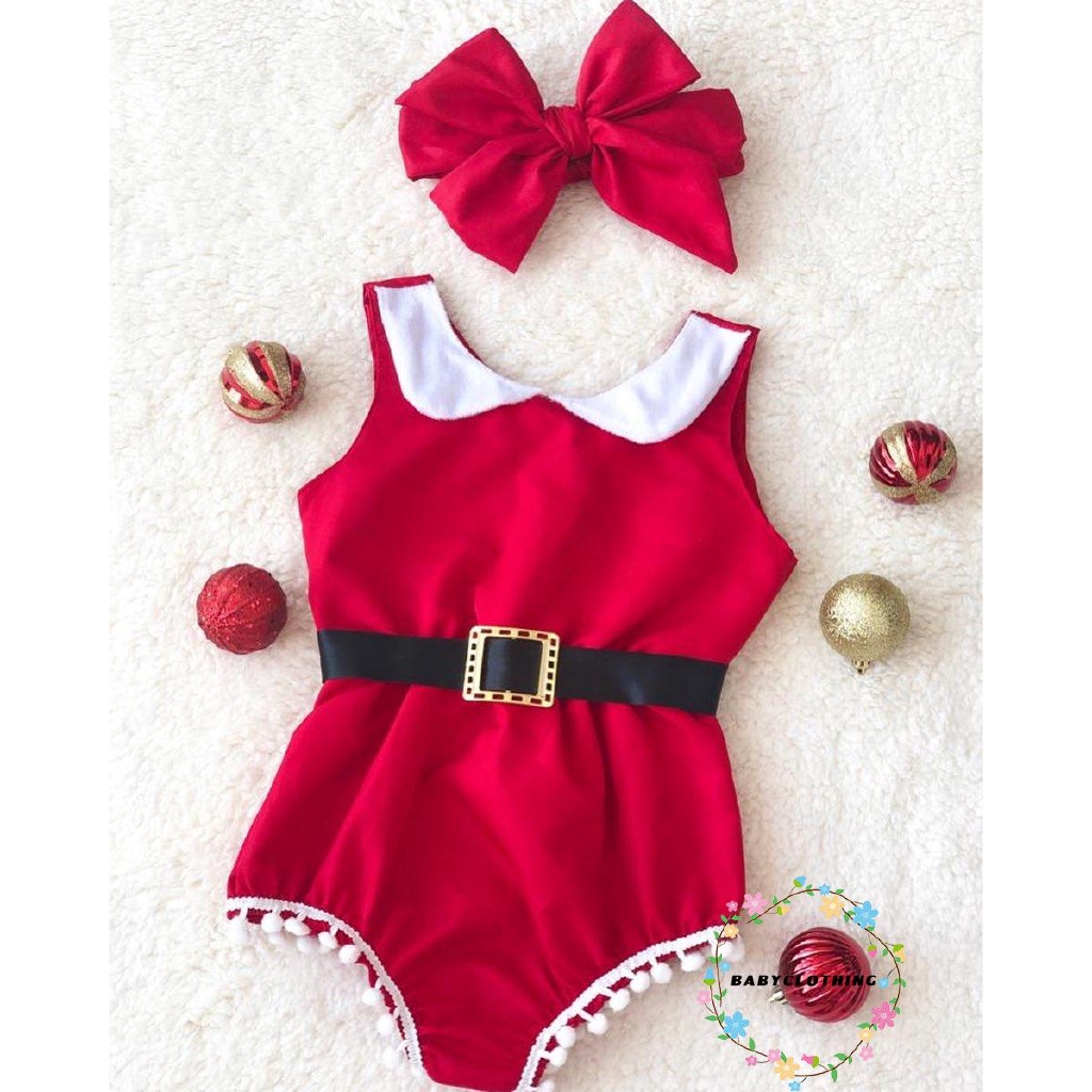 ღWSVღChristmas Newborn Baby Girl Clothes Tassel Romper Jumpsuit Bodysuit Headband Xmas Party Outfit