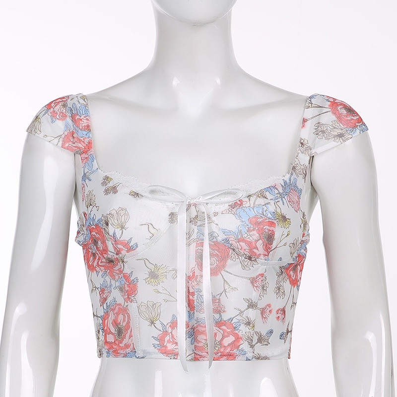 Áo Tank Top Cổ Vuông In Họa Tiết Hoa Thắt Nơ Xinh Xắn Thời Trang Cho Nữ