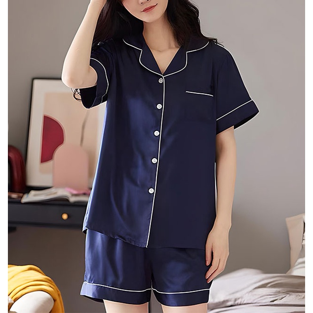 Pijama Lụa Nữ Mặc Nhà, Đồ Bộ Ngủ Tay Ngắn Quần Ngắn Phong Cách Đơn Giản Dễ Thương