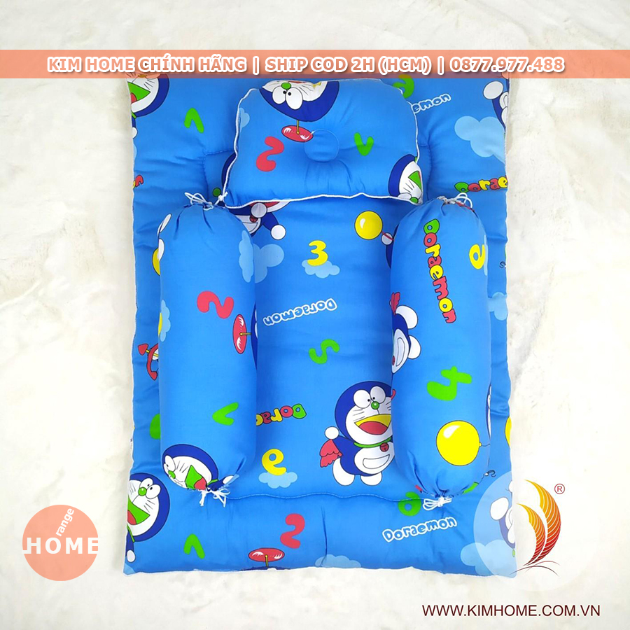 Bộ nệm gối cho trẻ sơ sinh cho bé trai chính hãng KIM HOME vải Cotton TL màu Xanh Doraemon