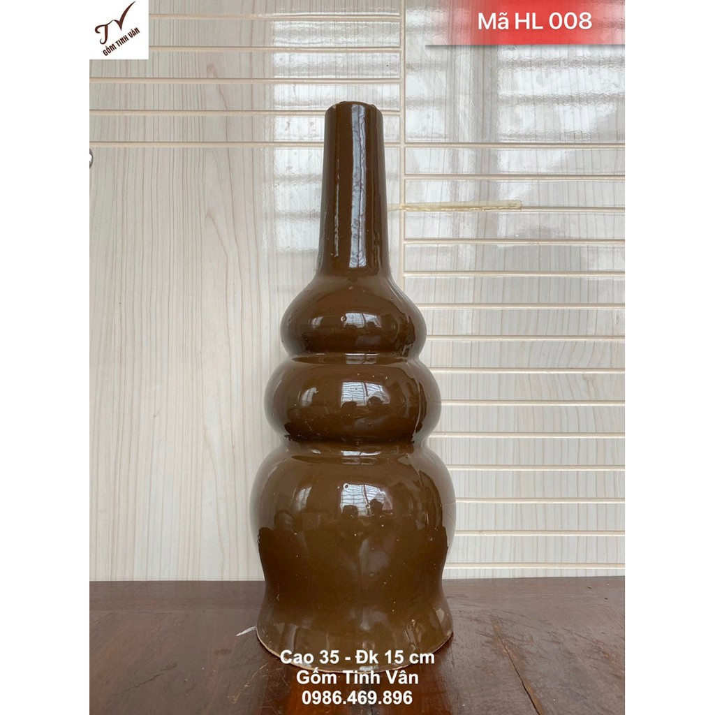 Hồ lô thu lôi chống sét, mã HL008, hồ lô 3 bầu tròn, men nâu cafe, cao 35 cm, đk 15 cm, gốm xây dựng bát tràng cao cấp