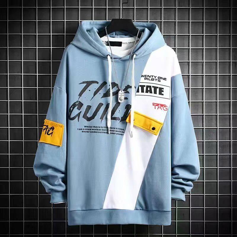 【M-3XL】European and American style street trend colorblock letter print hoodie for men sweater youth hooded jacket