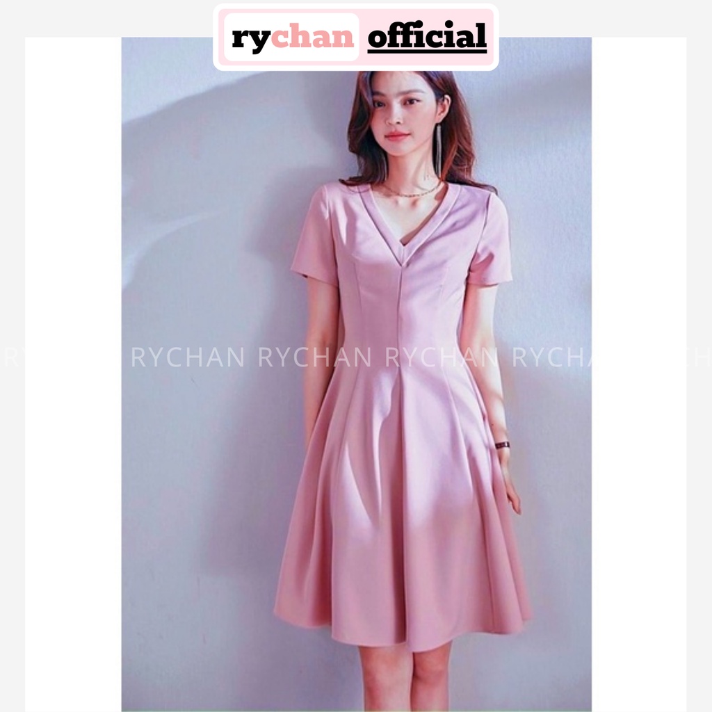 Đầm Nữ Công Sở Cổ V Tay Ngắn Form Xòe Thanh Lịch, Váy Nữ Dạo Phố Form Ngắn Basic Màu Hồng - DX9761