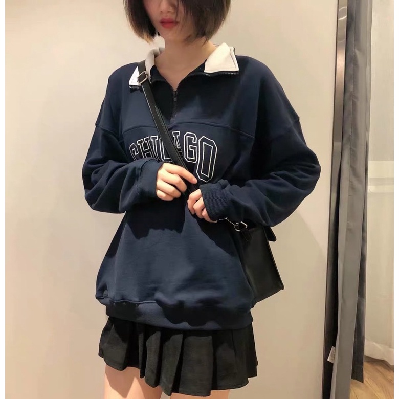 A046 Áo sweater nữ có khóa cổ dài tay thu đông Áo nỉ polo unisex dài tay form rộng thun có cổ in hình Chicago 1994
