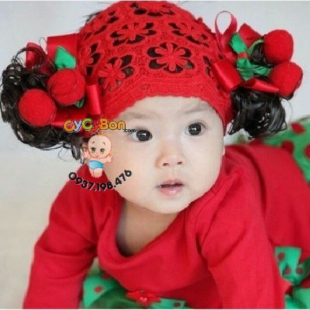 Băng Đô Turban Tóc Giả Cho Bé Thun Ren Đỏ Đính Cherry Siêu iu !