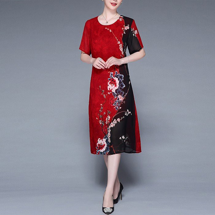 GOTI - Đầm Suông Tuổi Trung Niên Dáng Dài Qua Gối Tay Ngắn Voan 2 Lớp Giấu Bụng Tặng Mẹ U50 In Hoa 3309