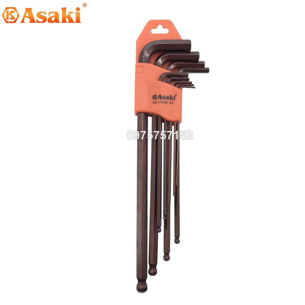 Bộ lục giác bi 9 chi tiết Asaki AK-7408 1.5-10mm - Bộ lục giác 9 cây Asaki AK-7408 thép S2 (Bản cao cấp)