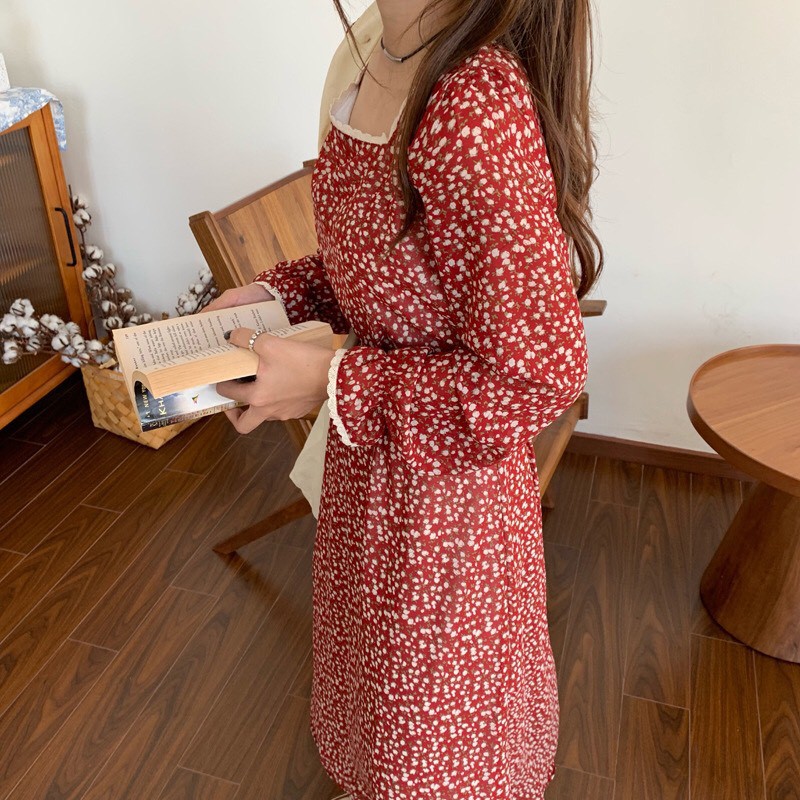 Váy trắng đỏ hoa nhí babydoll cổ vuông ren ulzzang dài tay vintage , Đầm nữ hoa trắng thiết kế dáng dài | BigBuy360 - bigbuy360.vn