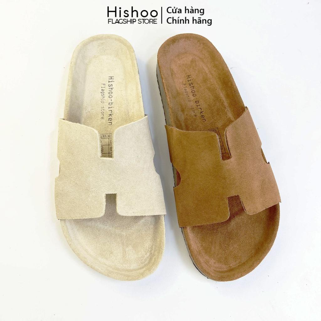 Dép đế trấu da bò birken nam nữ unisex quai ngang chữ H bigsize 35 - 43 chính hãng Hishoo s110