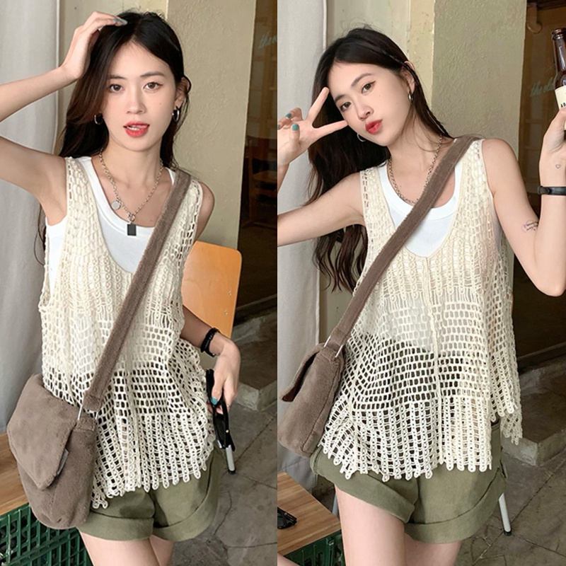 Áo Nữ Dệt Kim Không Tay Cổ Chữ V Sâu Gợi Cảm