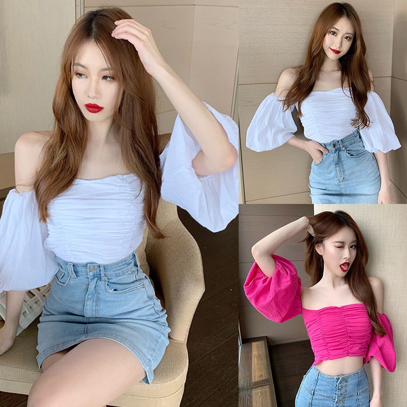 Áo Croptop Trễ Vai Màu Sắc Thanh Lịch Cho Phái Nữ