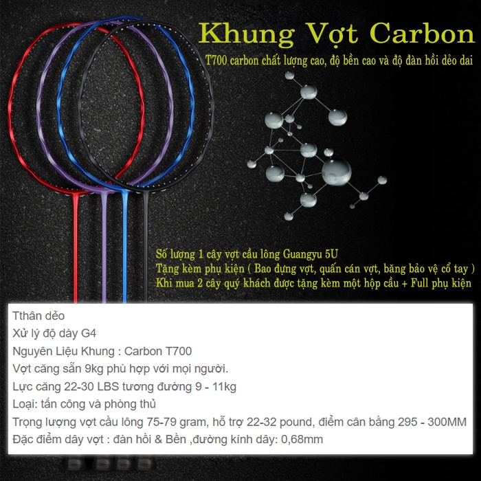 Vợt Cầu Lông Chính Hãng Guang Yu 5U Khung Xoắn Gợn Sóng, Vợt Đơn Công Thủ Toàn Diện Lưới Căng Sẵn 9KG