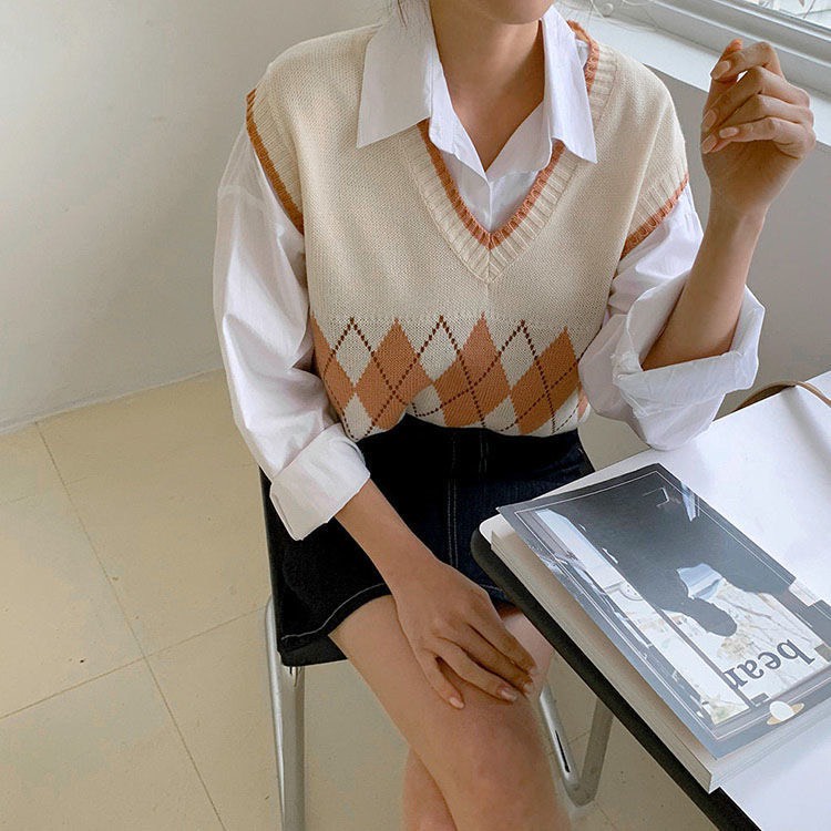 Áo gile len nam nữ Hàn Quốc Unisex kẻ caro to cổ chữ v thời trang cá tính thu đông GileShop M71HD | WebRaoVat - webraovat.net.vn