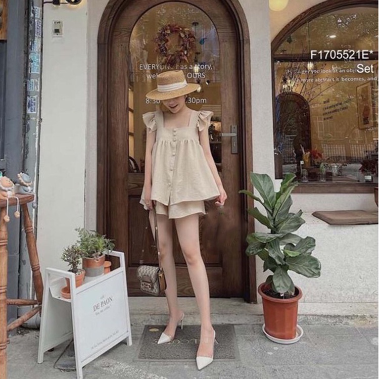 Set Bộ Xốp Áo Cổ Vuông Tay Xếp Ly Cánh Tiên Đính Cúc Dọc Kèm Quần Short Cạp Chun Thoáng Mát