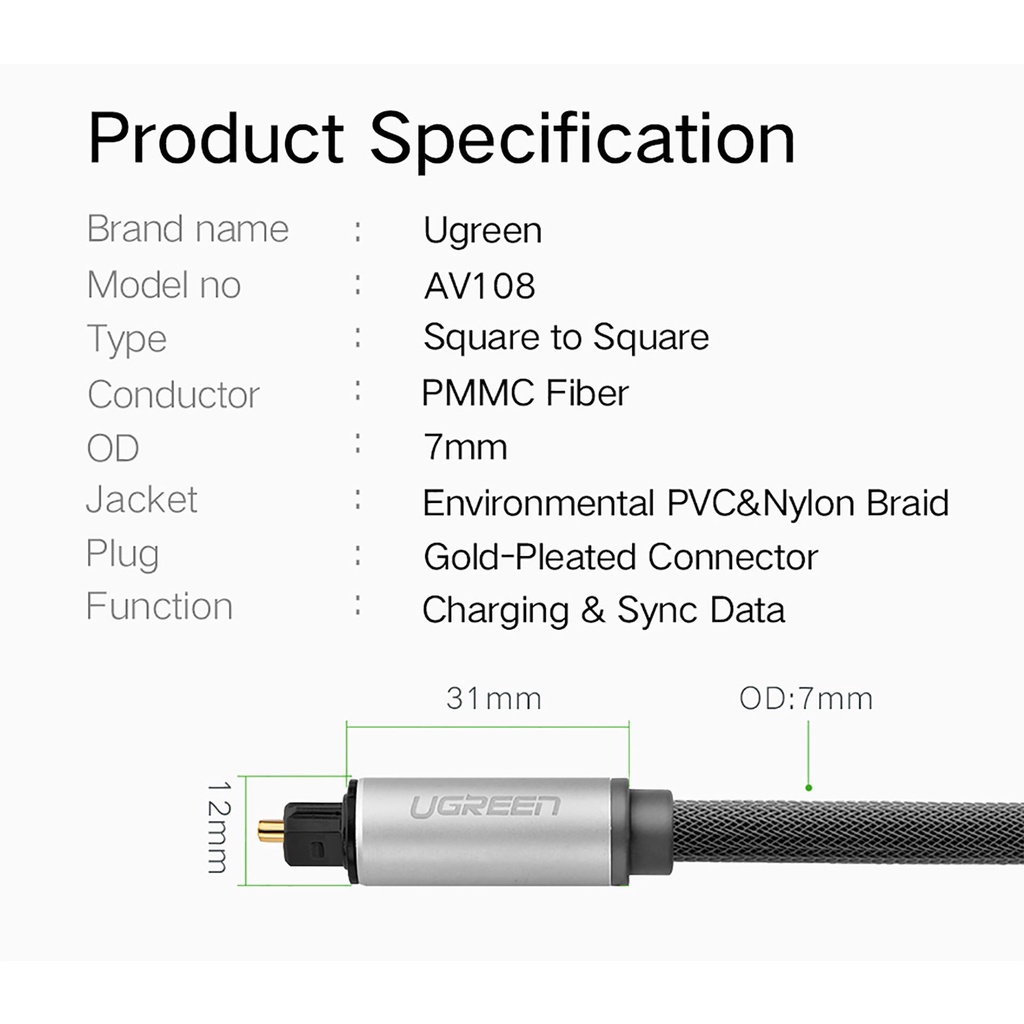 Cáp Âm Thanh Cổng Quang (Optical) Vỏ Nhôm Cao Cấp UGREEN AV108