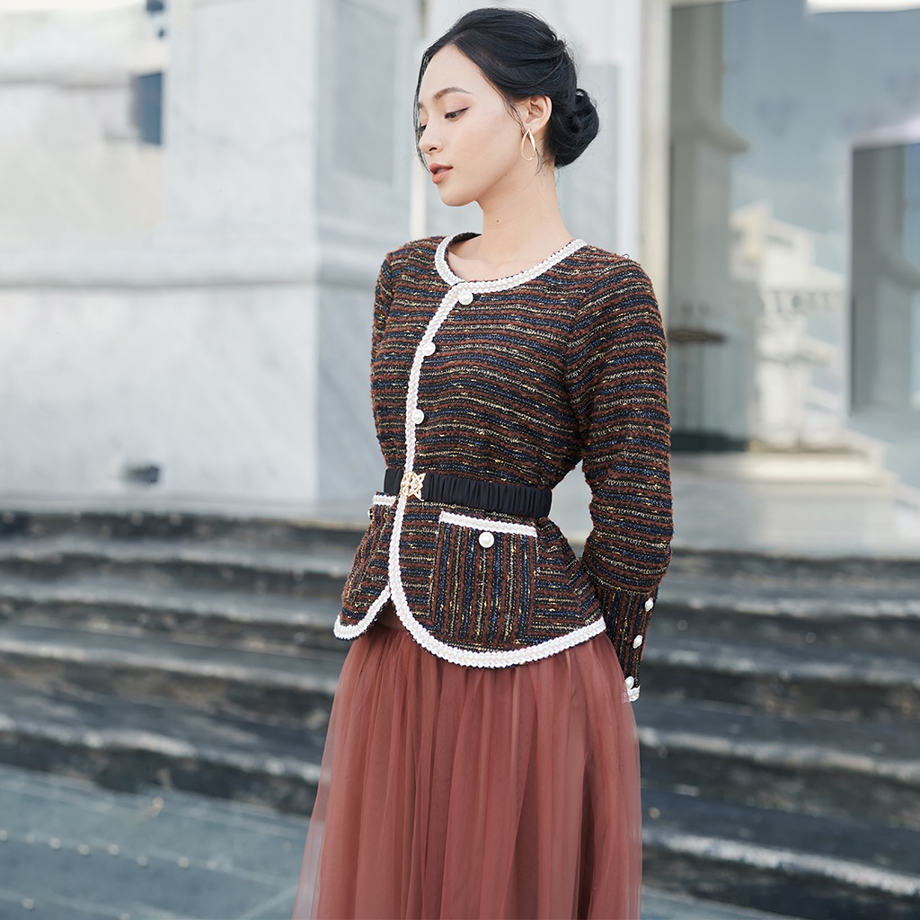 Áo Dạ Tweed Nữ Dáng Ngắn Tay Dài LEOSWEARING Áo Sơ Mi Công Sở Thu Đông Cổ Tròn Chất Dày Cài Nút Tôn Dáng D45