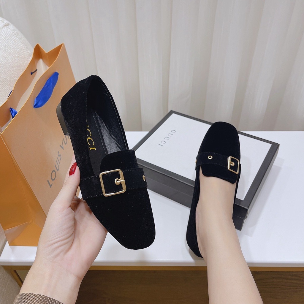 Giày lười búp bê nữ chất da nhung mũi vuông phối quai khóa siêu xinh