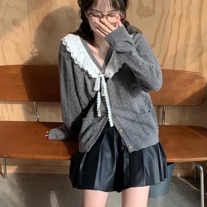 Áo khoác cardigan dệt kim dáng rộng phối ren thời trang thu đông cho nữ ins2021