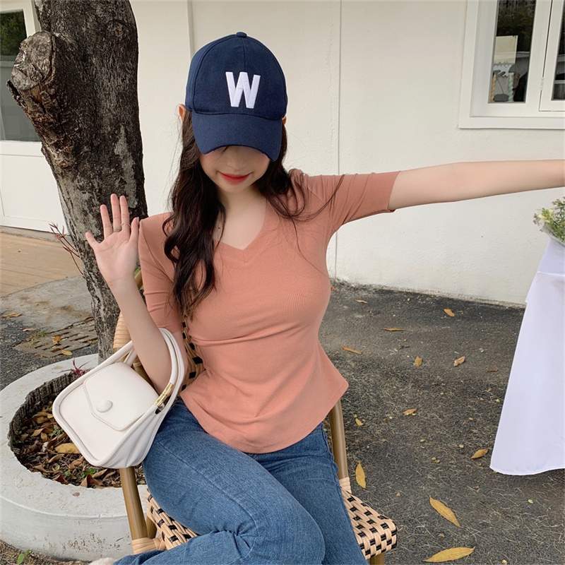 SUXI Áo Thun Tay Ngắn Cổ Chữ V Màu Sắc Đơn Giản Thời Trang Mùa Hè Dành Cho Nữ