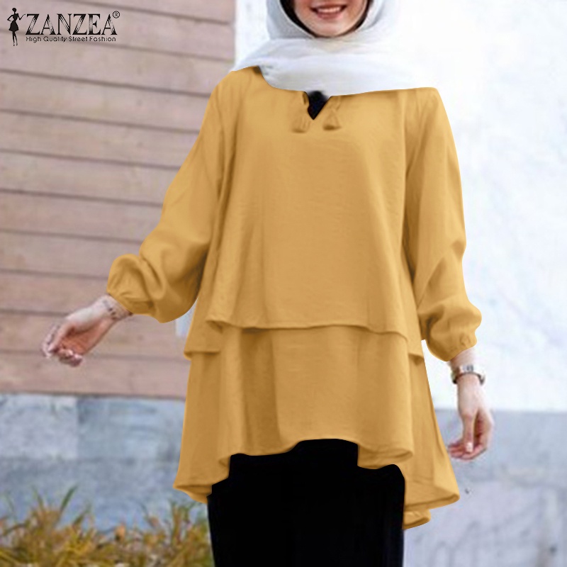 Áo kiểu nữ ZANZEA cổ chữ V tua rua hai lớp màu trơn cho phụ nữ hồi giáo