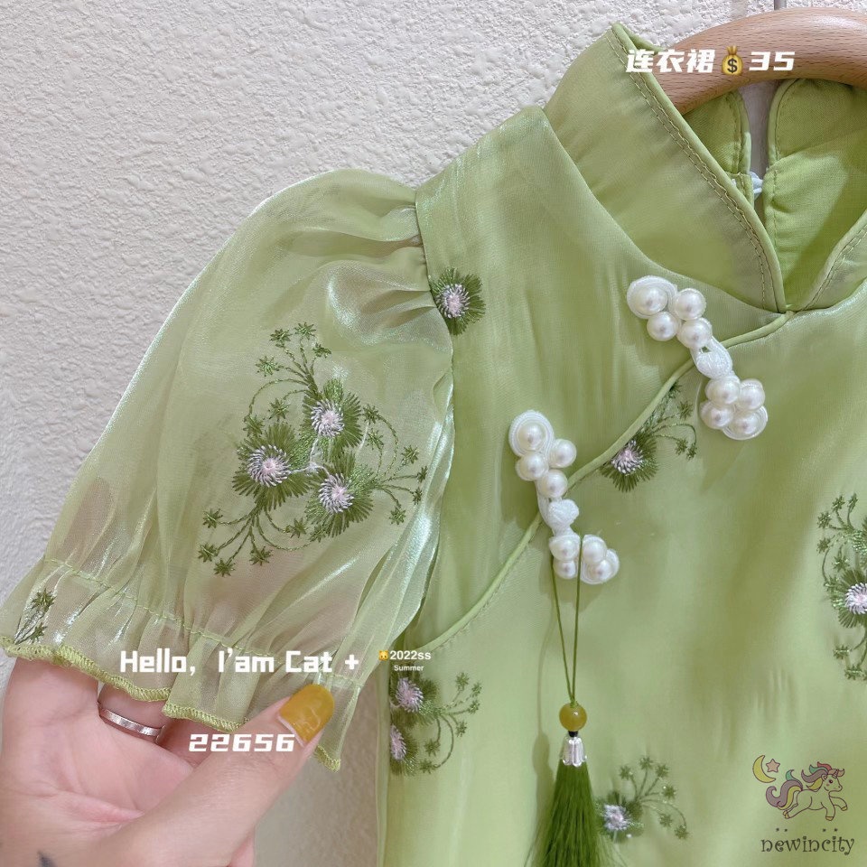 Đầm Sườn Xám Phối Lưới Thiết Kế Phong Cách Trung Hoa Dễ Thương Thời Trang Mùa Hè Cho Bé Gái