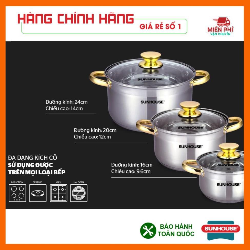 Bộ nồi Sunhouse SH781, Bộ nồi inox SH781, 5 đáy dùng cho bếp từ, 3 nồi kích thước: 16cm, 20cm, 24cm. Phù hợp với mọibeep