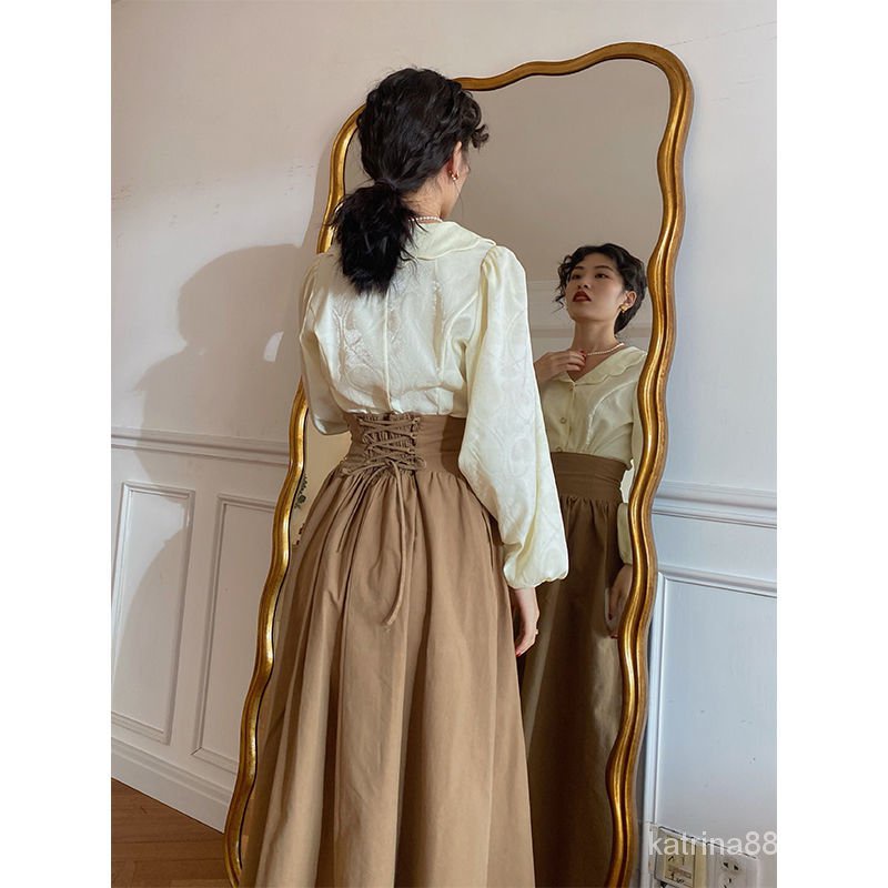 [HC] Set Áo Sơ Mi + Chân Váy Dài Vừa Phong Cách Hoàng Gia Pháp Retro Thời Trang Mùa Thu Mới Cho Nữ