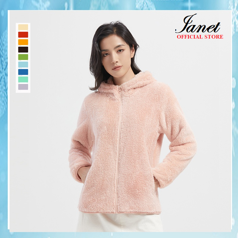 Áo khoác lông cừu nữ có mũ JANET, áo khoác mùa đông cho nữ chất liệu lông cừu siêu ấm mềm mịn