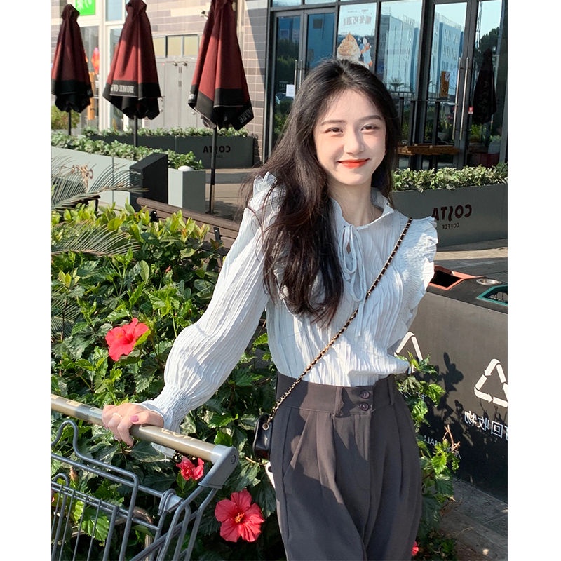 Áo Sơ Mi Kiểu Pháp Cổ Điển Phối Bèo Thiết Kế Đơn Giản Thời Trang Công Sở Cho Nữ